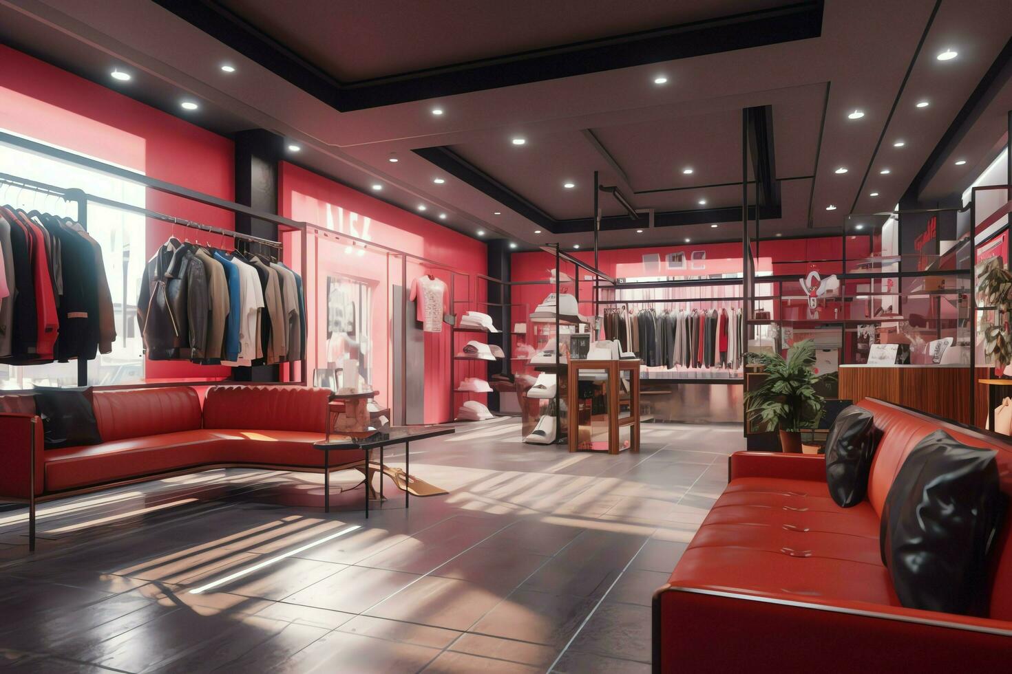 Women's fashion store in the shopping center or mall. Clothes store with mannequin. Shopping day concept by AI Generated photo