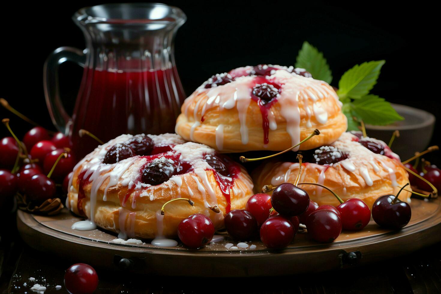 Homemade of delicious pastry or pancakes with fruit danishes and cherry. Danish pastry and dessert concept by AI Generated photo