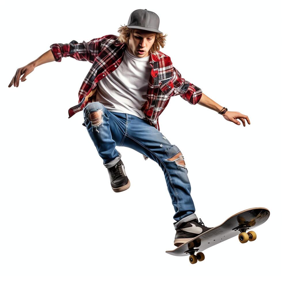 A caucasian man doing tricks or jumping on a skateboard at the street. Young man with skater jumping concept by photo