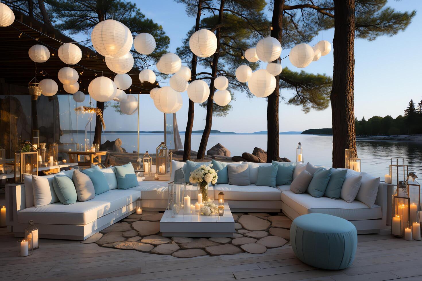 Sea view beach luxury on the beach with couches and cabanas against the sea. Villa or hotel resort concept by photo