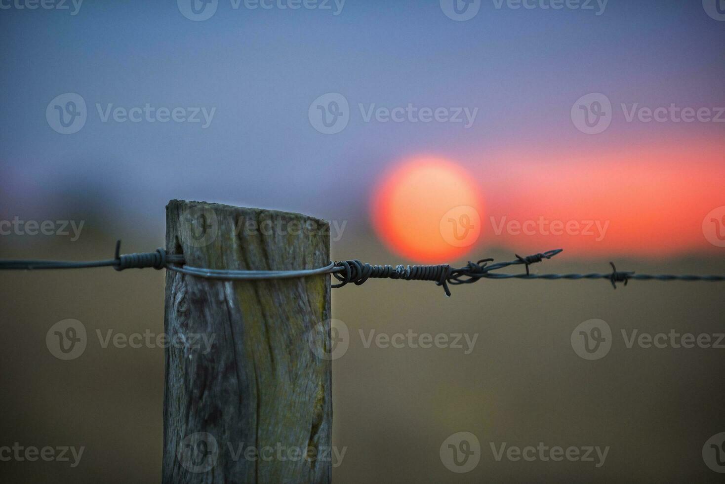 a fence post with barbed wire and a sunset in the background photo