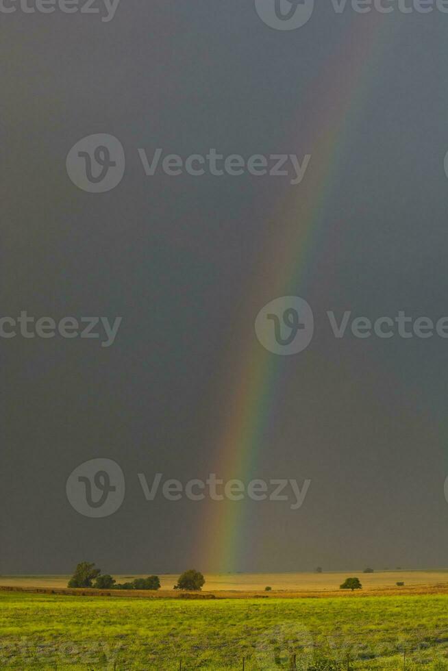 a rainbow is seen in the sky over a field photo