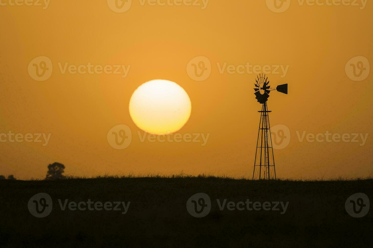 a windmill and a sun setting in the distance photo