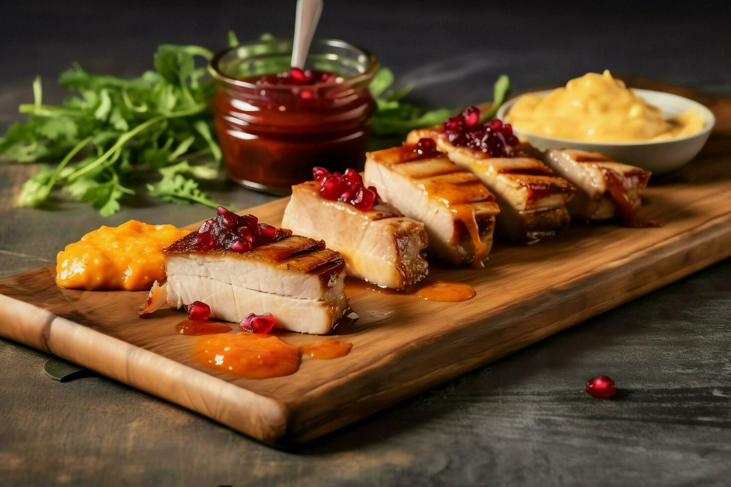 Pork belly braaivleis with mango and chili sauce served on a wooden plank. Restaurant food concept by AI Generated photo