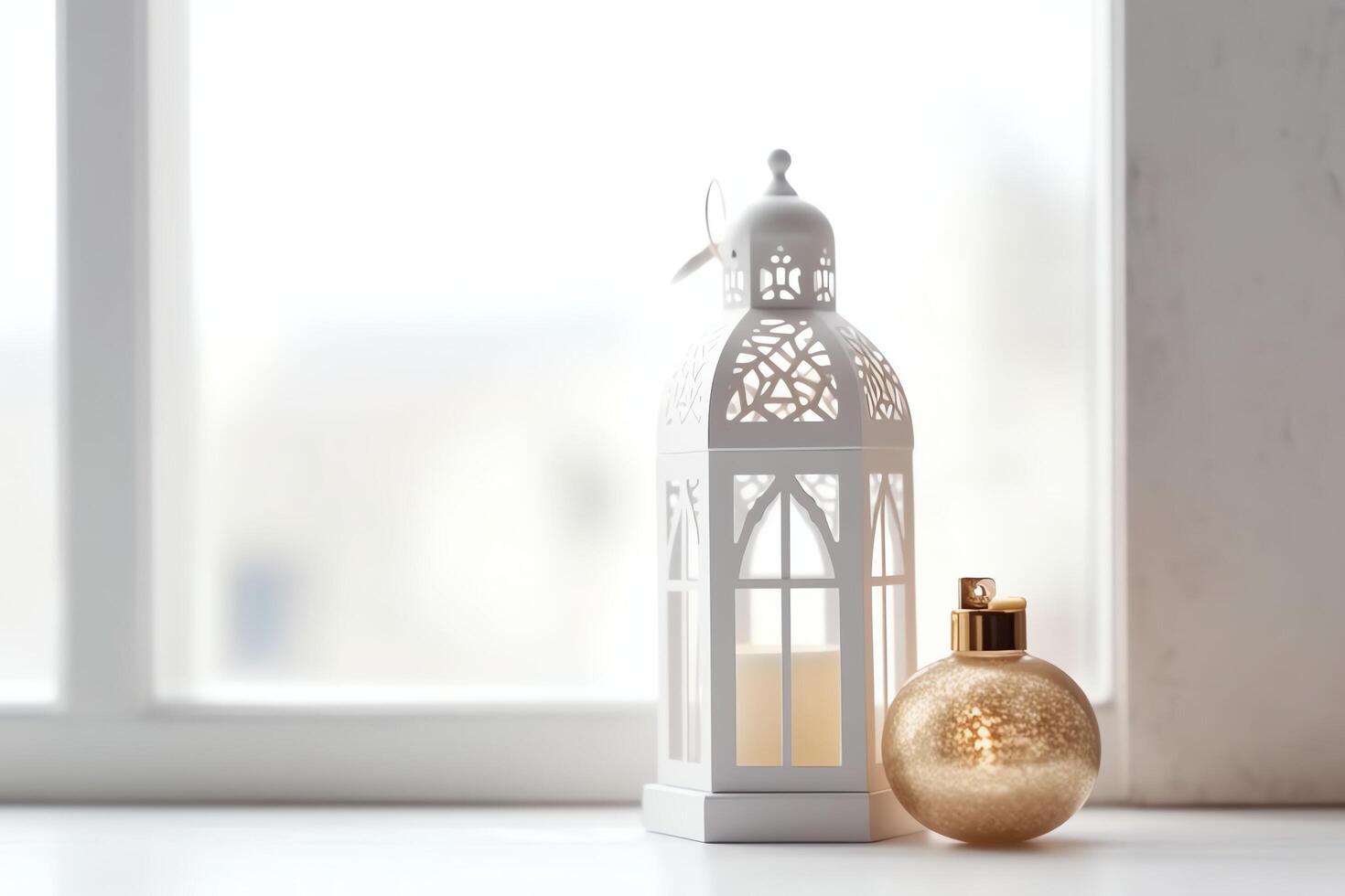 Eid mubarak and ramadan kareem greetings with islamic lantern and mosque. Eid al fitr background. Eid al fitr background of window concept by photo