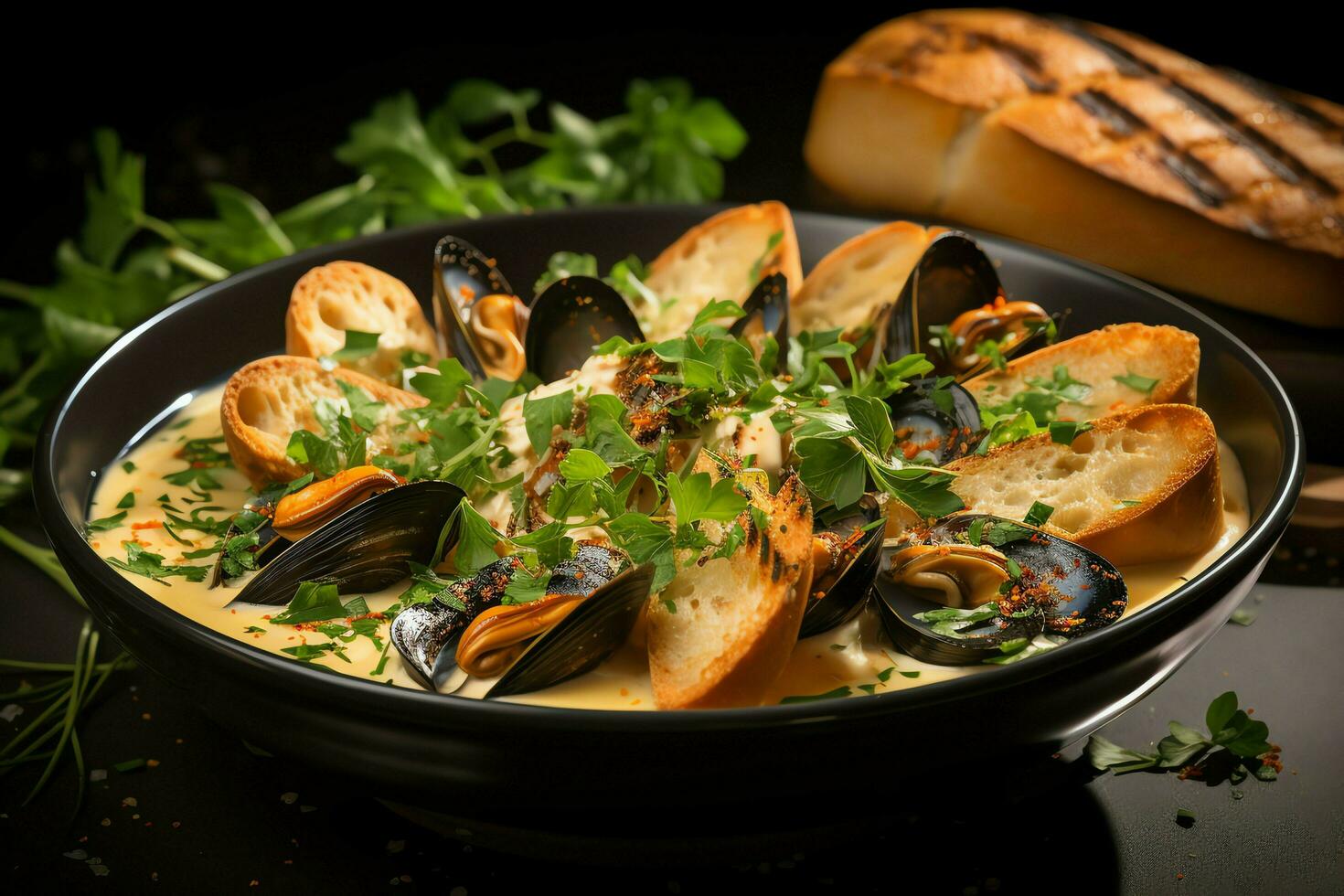 A delicious bouillabaisse soup food in a bowl. Marseille food and healthy protein soup meal concept by AI Generated photo