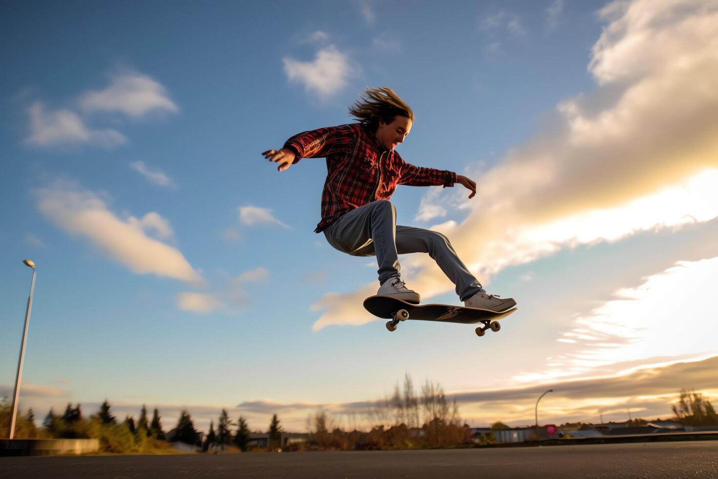 A caucasian man doing tricks or jumping on a skateboard at the street. Young man with skater jumping concept by photo