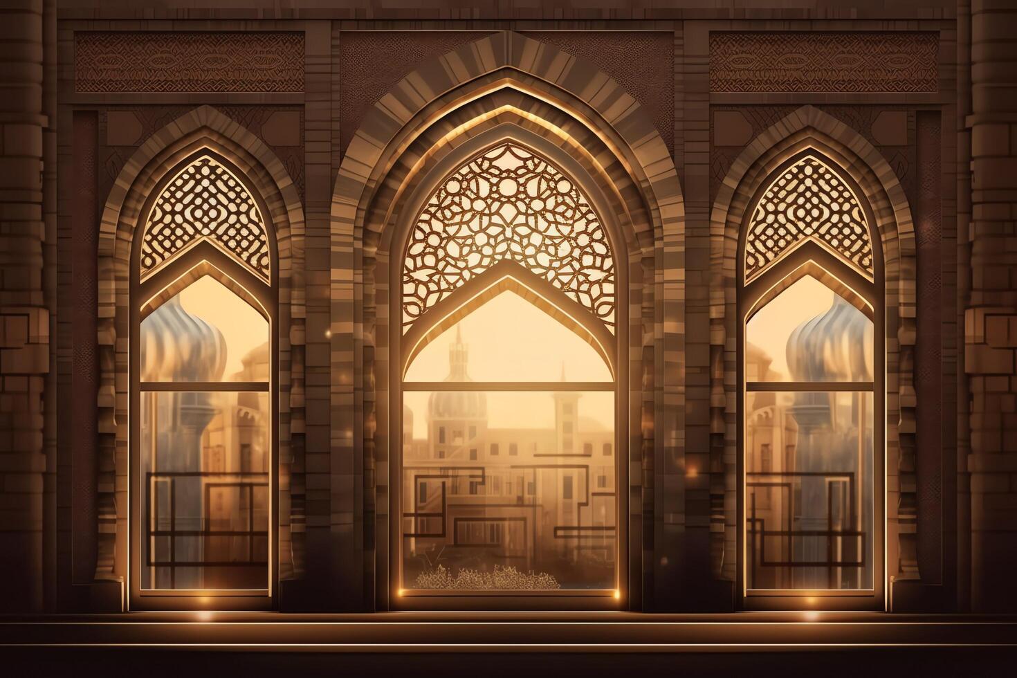 Eid mubarak and ramadan kareem greetings with islamic lantern and mosque. Eid al fitr background. Eid al fitr background of window concept by photo