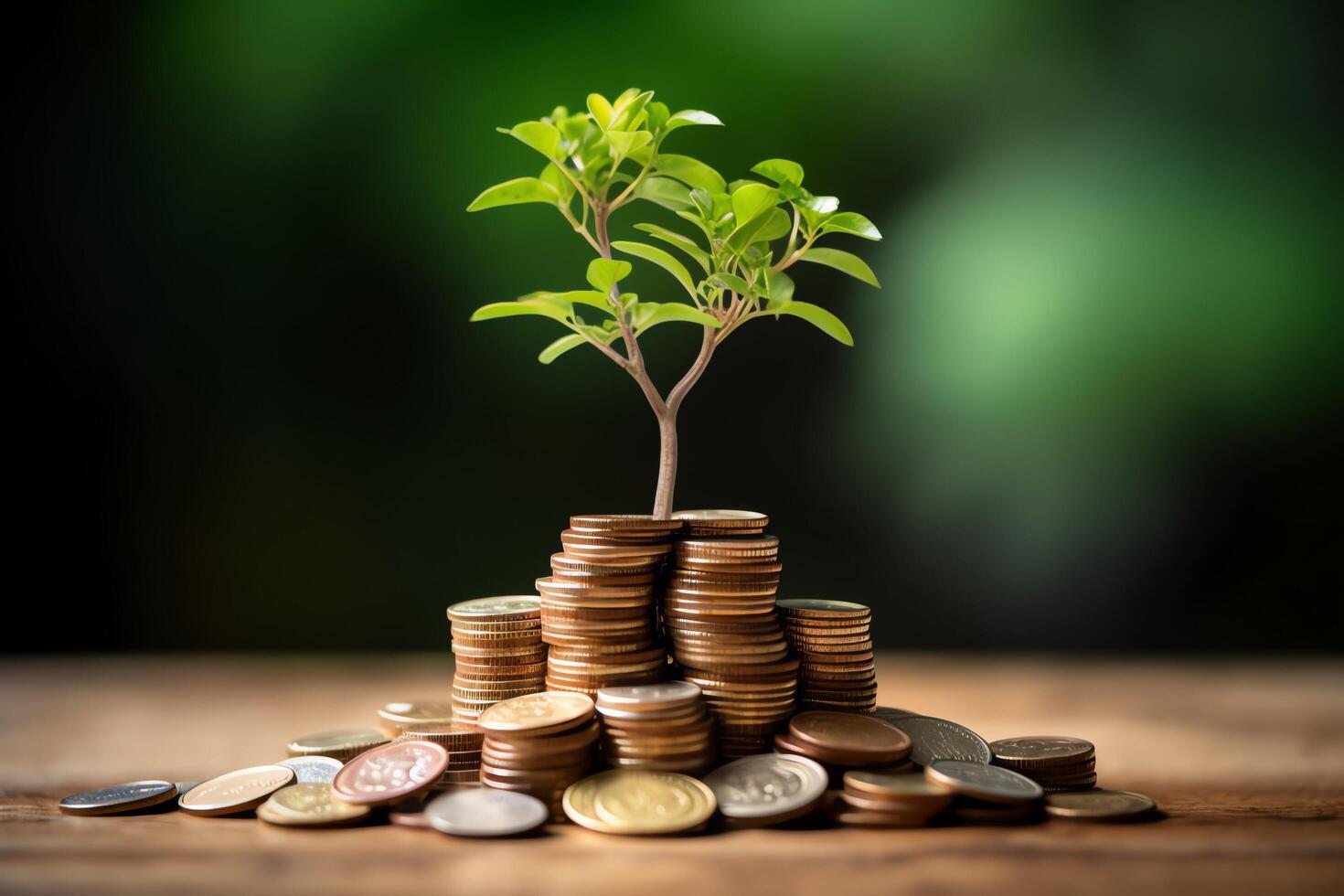 negocio crecimiento con un creciente árbol en un moneda. demostración financiero desarrollos financiero planificación concepto por ai generado foto