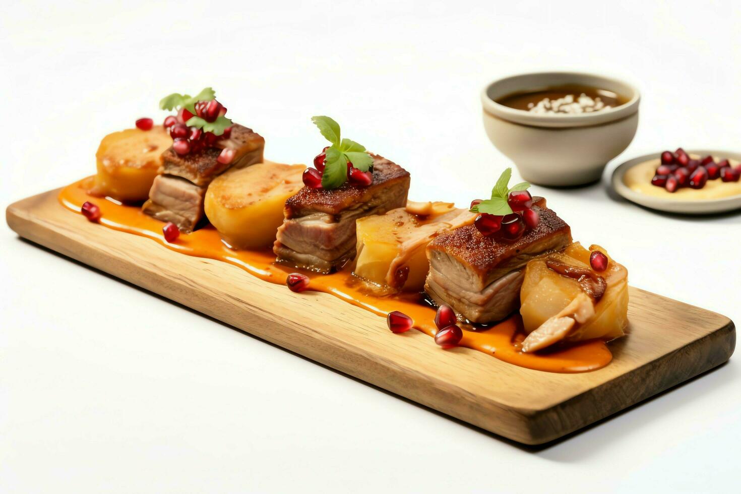 Pork belly braaivleis with mango and chili sauce served on a wooden plank. Restaurant food concept by AI Generated photo
