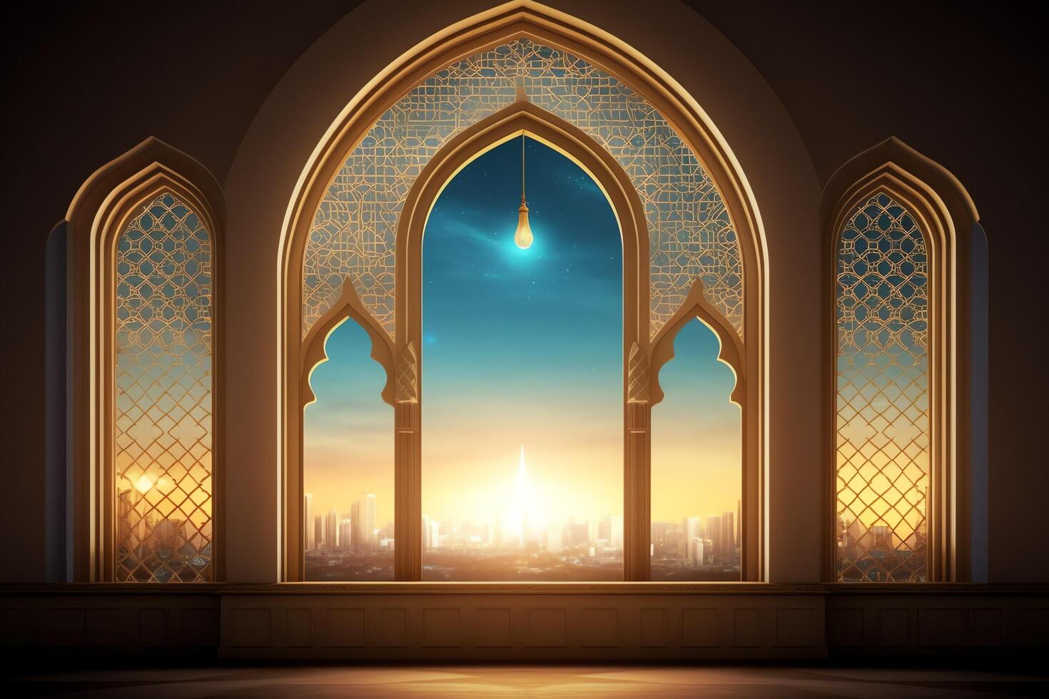 Eid mubarak and ramadan kareem greetings with islamic lantern and mosque. Eid al fitr background. Eid al fitr background of window concept by photo