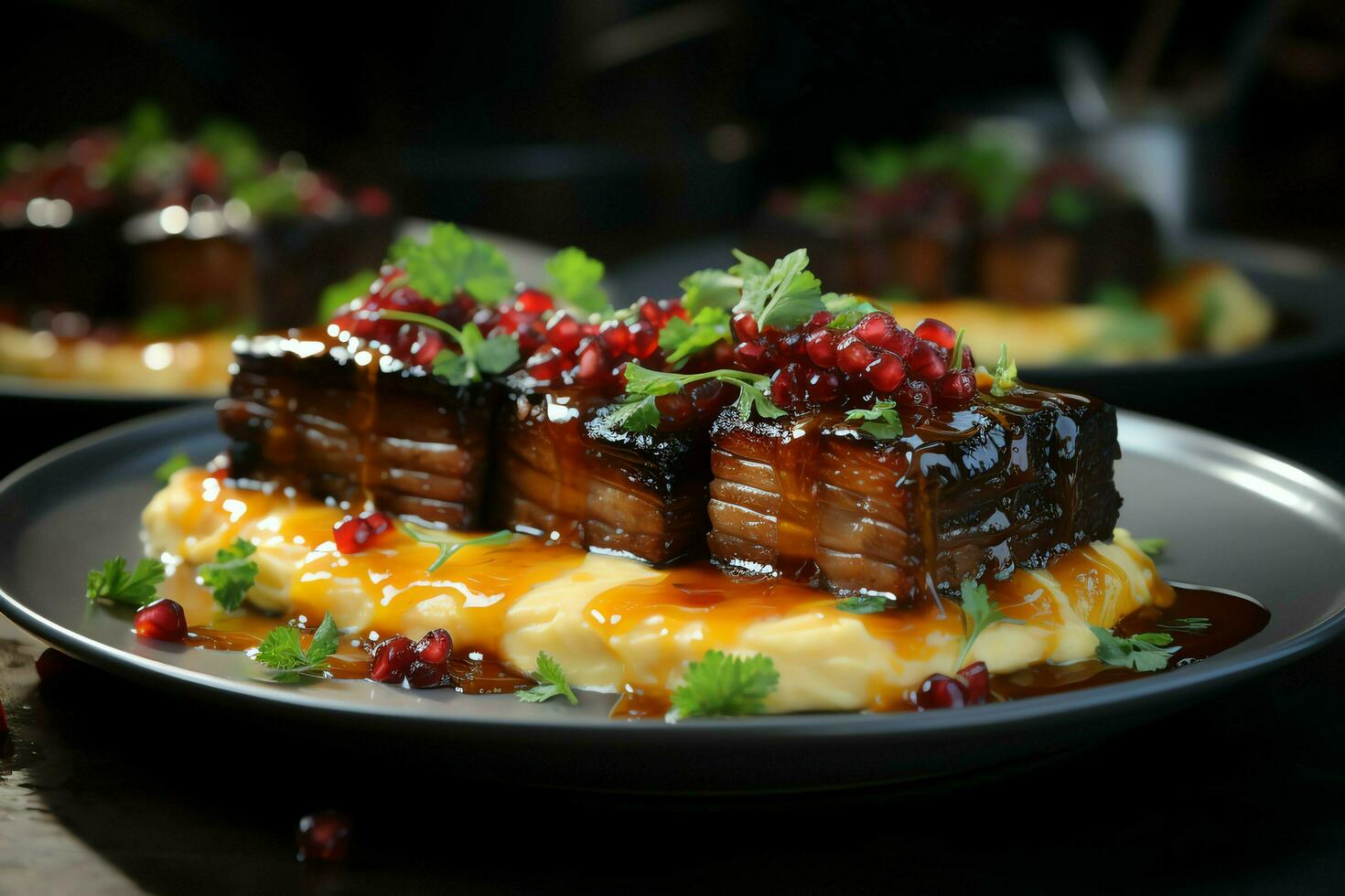 Pork belly braaivleis with mango and chili sauce served on a wooden plank. Restaurant food concept by AI Generated photo