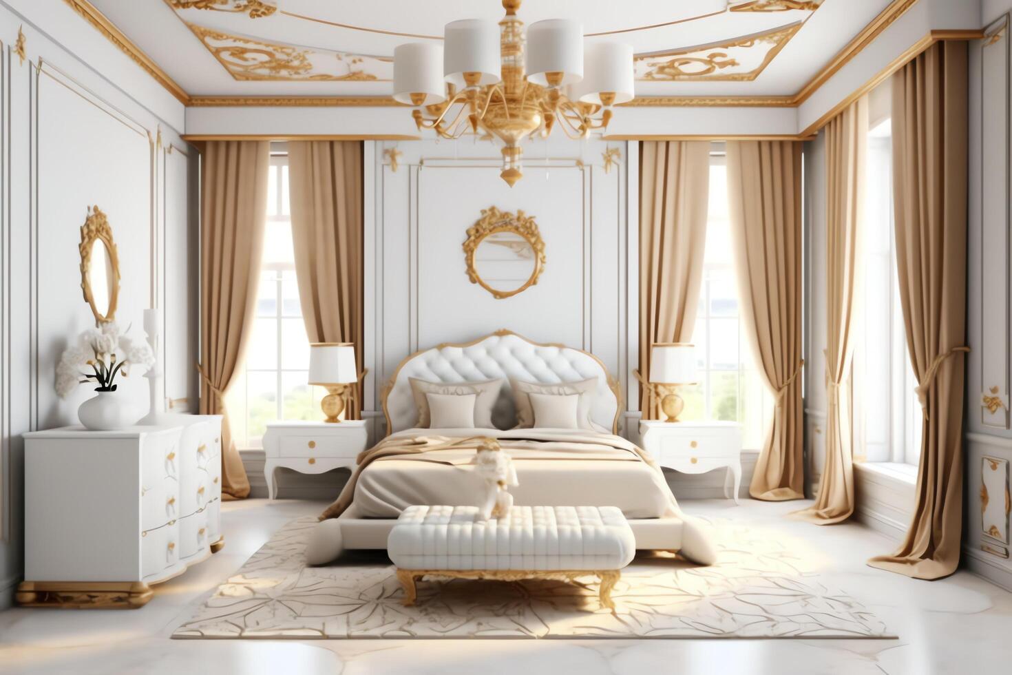 Modern bedroom interior design in apartment or house with furniture. Luxury bedroom scandinavian concept by photo