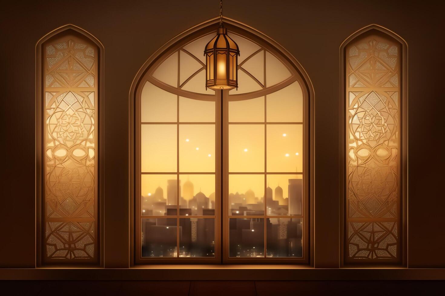 Eid mubarak and ramadan kareem greetings with islamic lantern and mosque. Eid al fitr background. Eid al fitr background of window concept by AI Generated photo