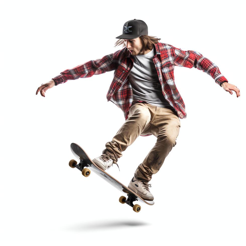A caucasian man doing tricks or jumping on a skateboard at the street. Young man with skater jumping concept by photo