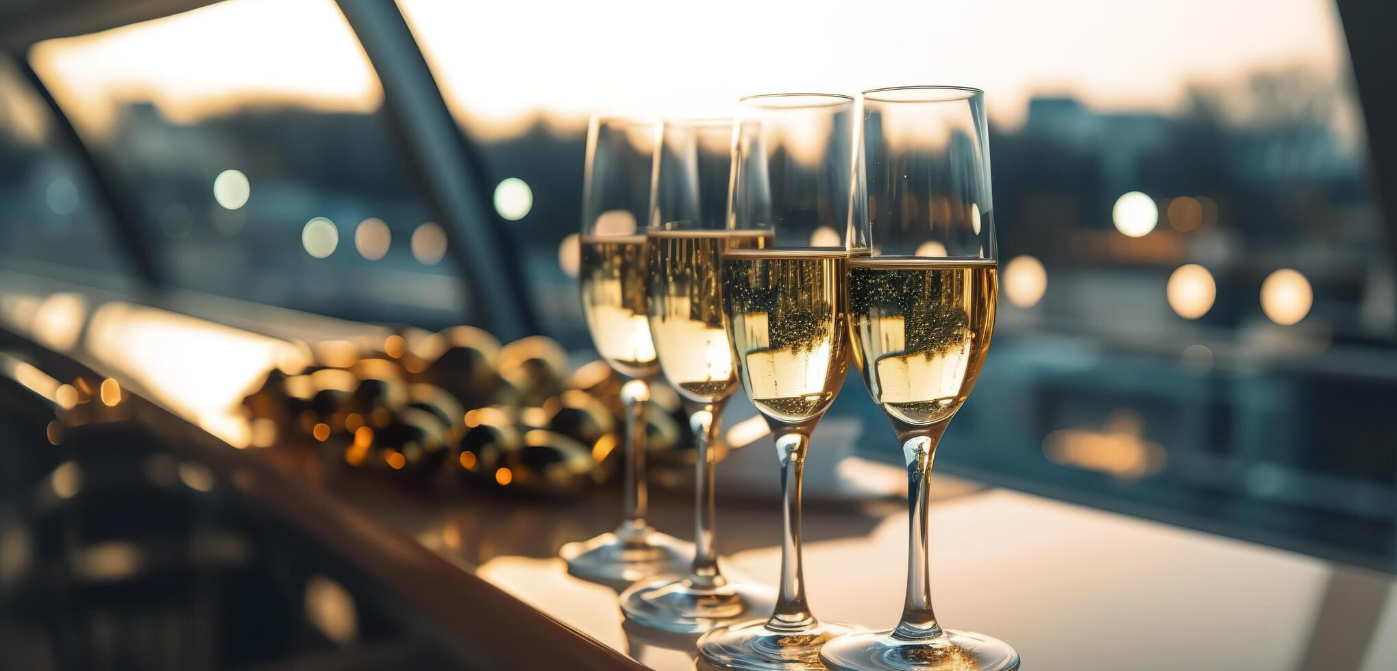 Luxury evening party on a cruising yacht with a champagne setting. Champagne glasses and bottles with champagne with bokeh yacht in the background, nobody. AI Generative photo