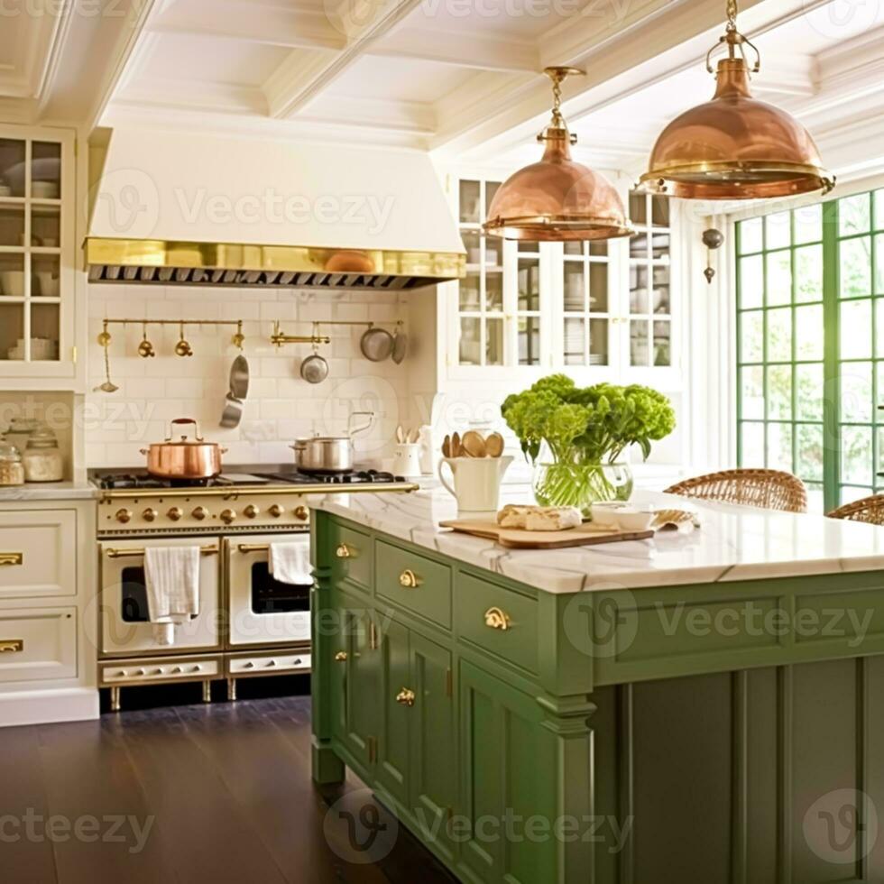 cocina decoración, interior diseño y casa mejora, hecho a la medida sabio verde Inglés en marco cocina armarios, encimera y aparato en un país casa, elegante cabaña estilo foto