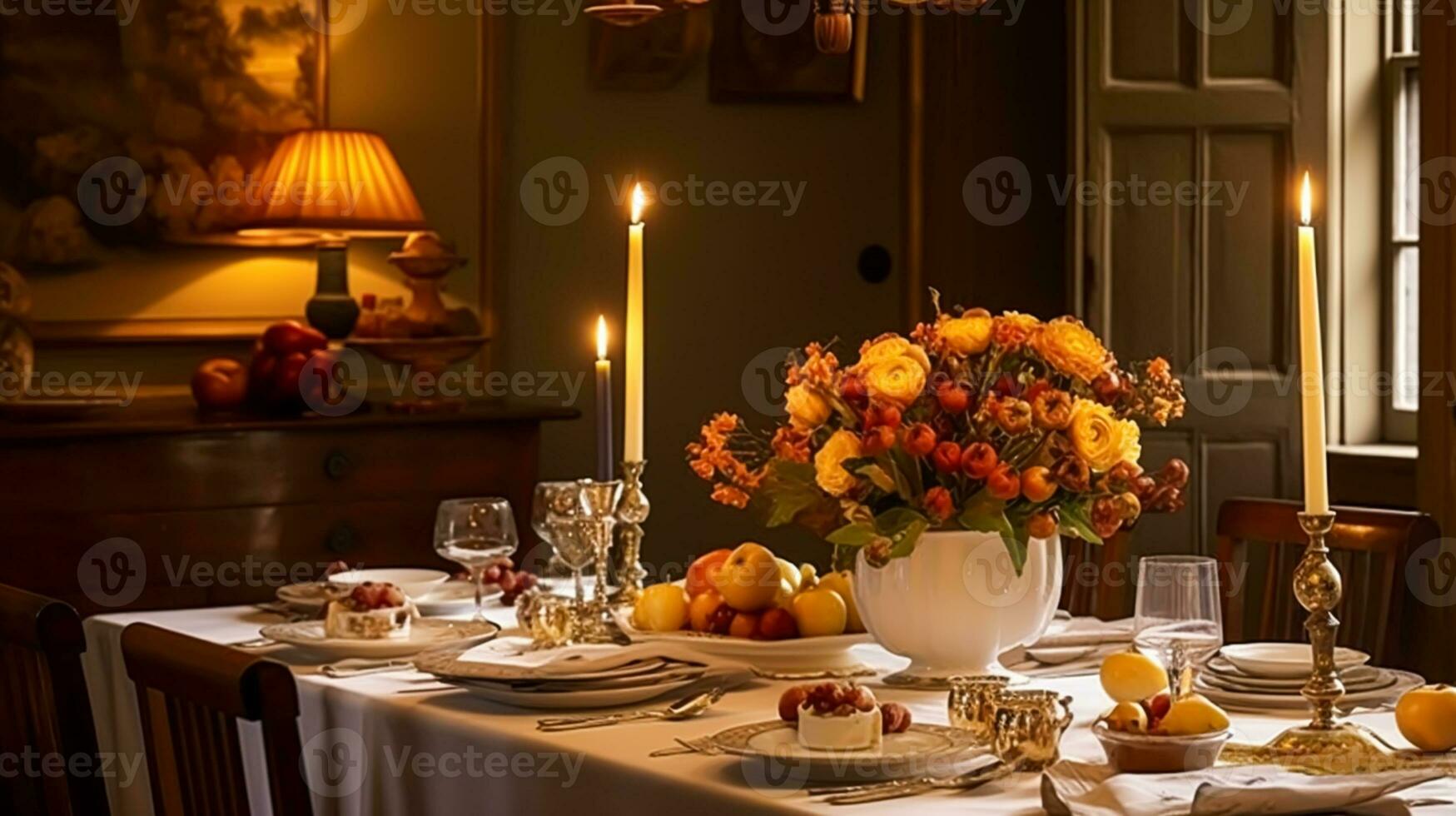 Dining room decor, interior design and autumn holiday celebration, elegant autumnal table decoration with candles and flowers, home decor and country cottage style photo