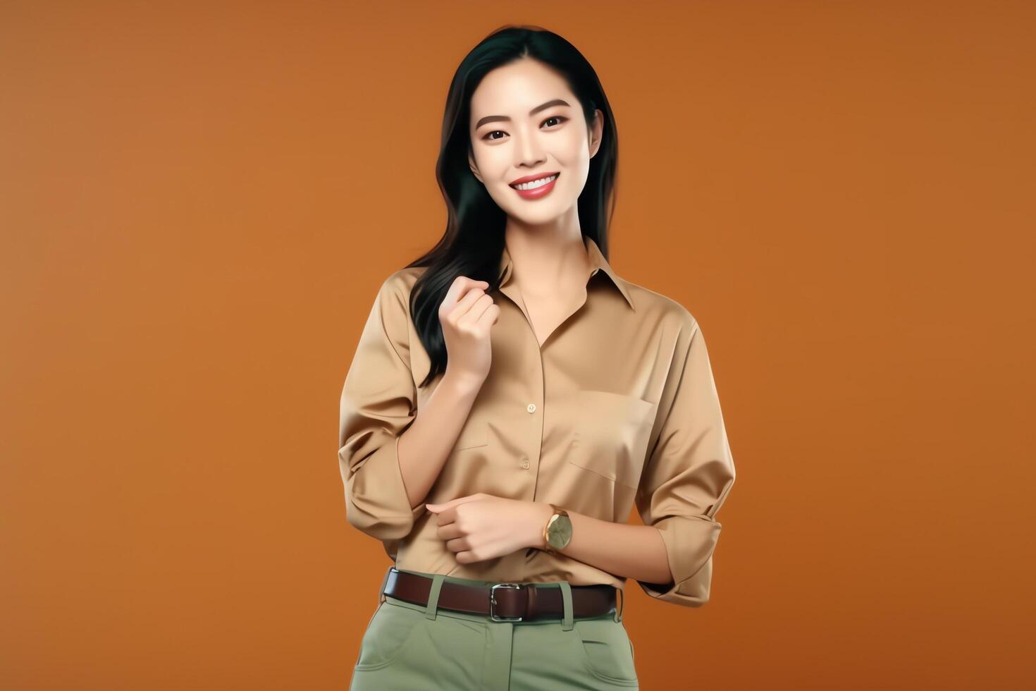 Beautiful asian woman in casual with smile cheerful. Studio shot asian woman standing hand gesture concept by photo
