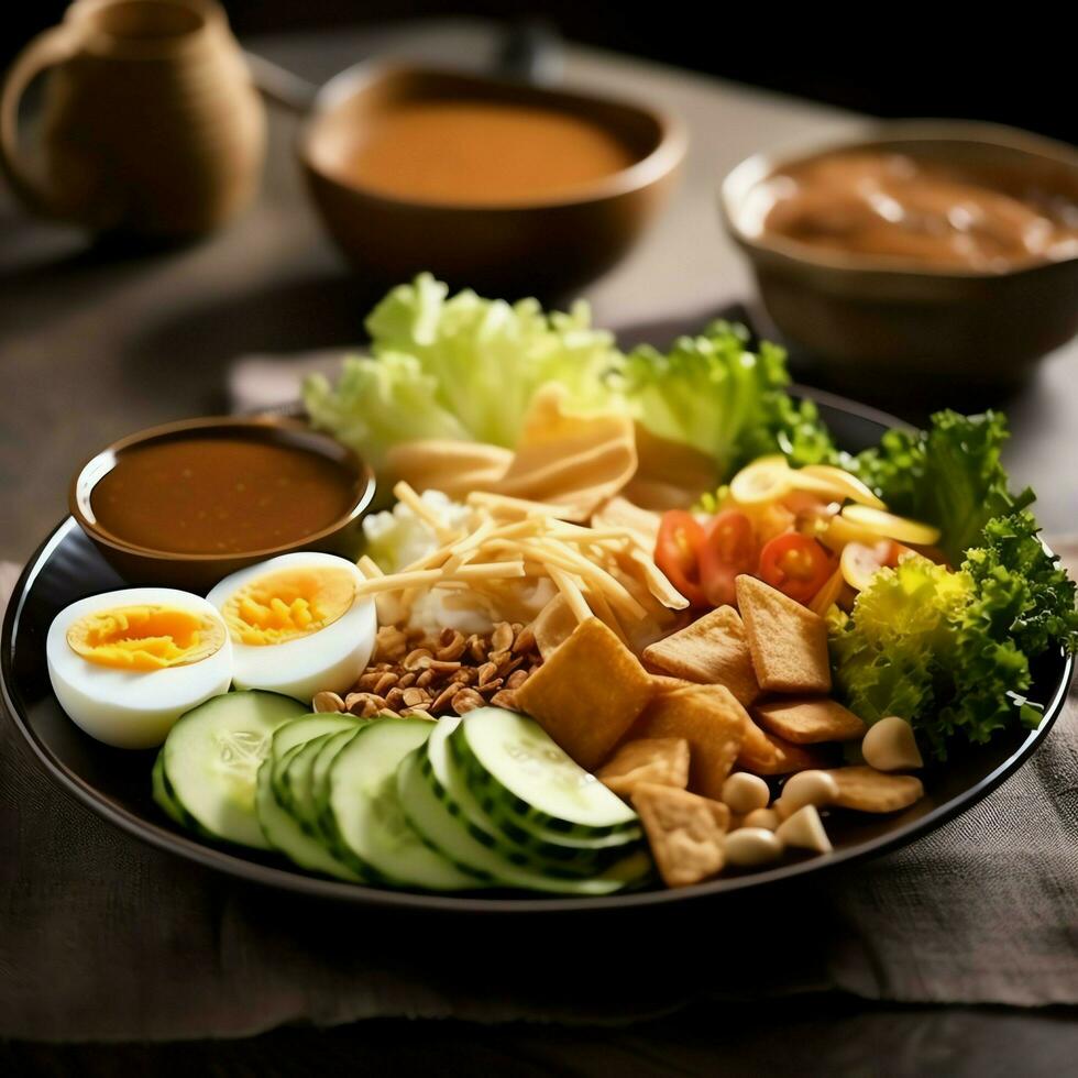 Gado-gado indonesian traditional food. Mix from boiled or steam vegetable served with peanut sauce concept by AI Generated photo