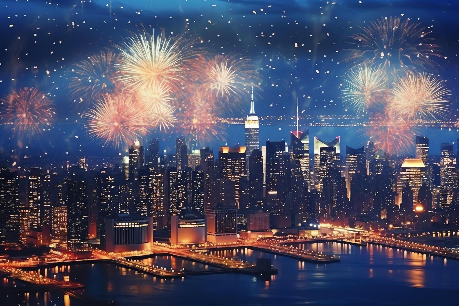 Beautiful firework show with cityscape at night for celebration happy new year. Firework display concept by photo
