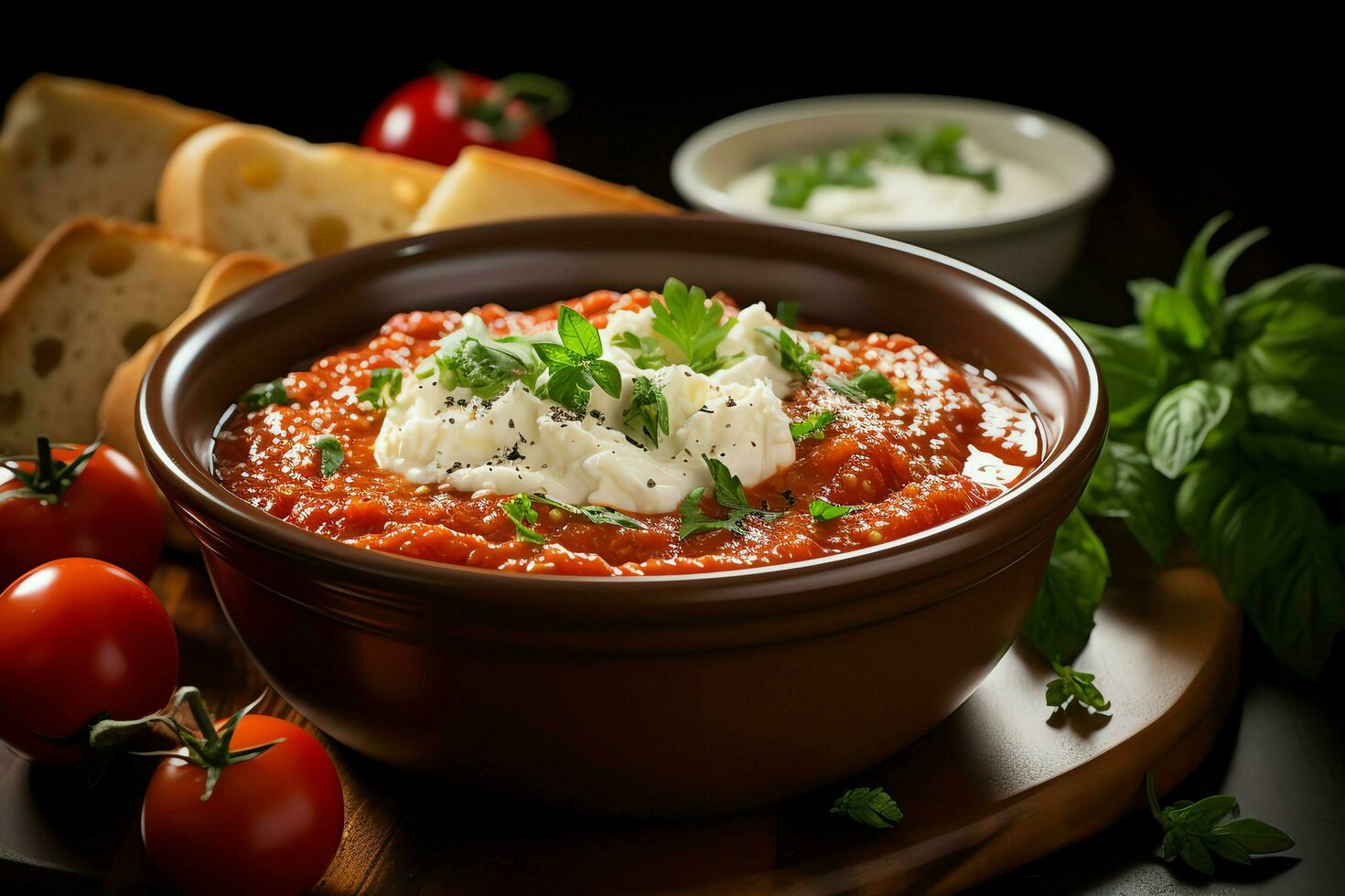 A delicious tomato soup food in a bowl. Winter food and healthy protein soup meal concept by AI Generated photo