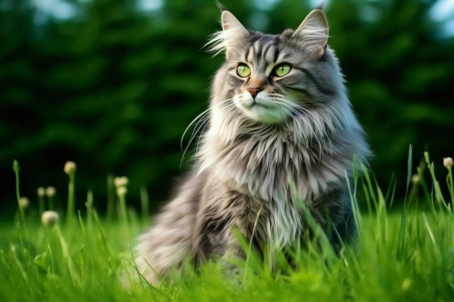 linda gato Mira a el lado y sentado en el jardín o césped. gato en naturaleza hábitat. gato día concepto por ai generado foto