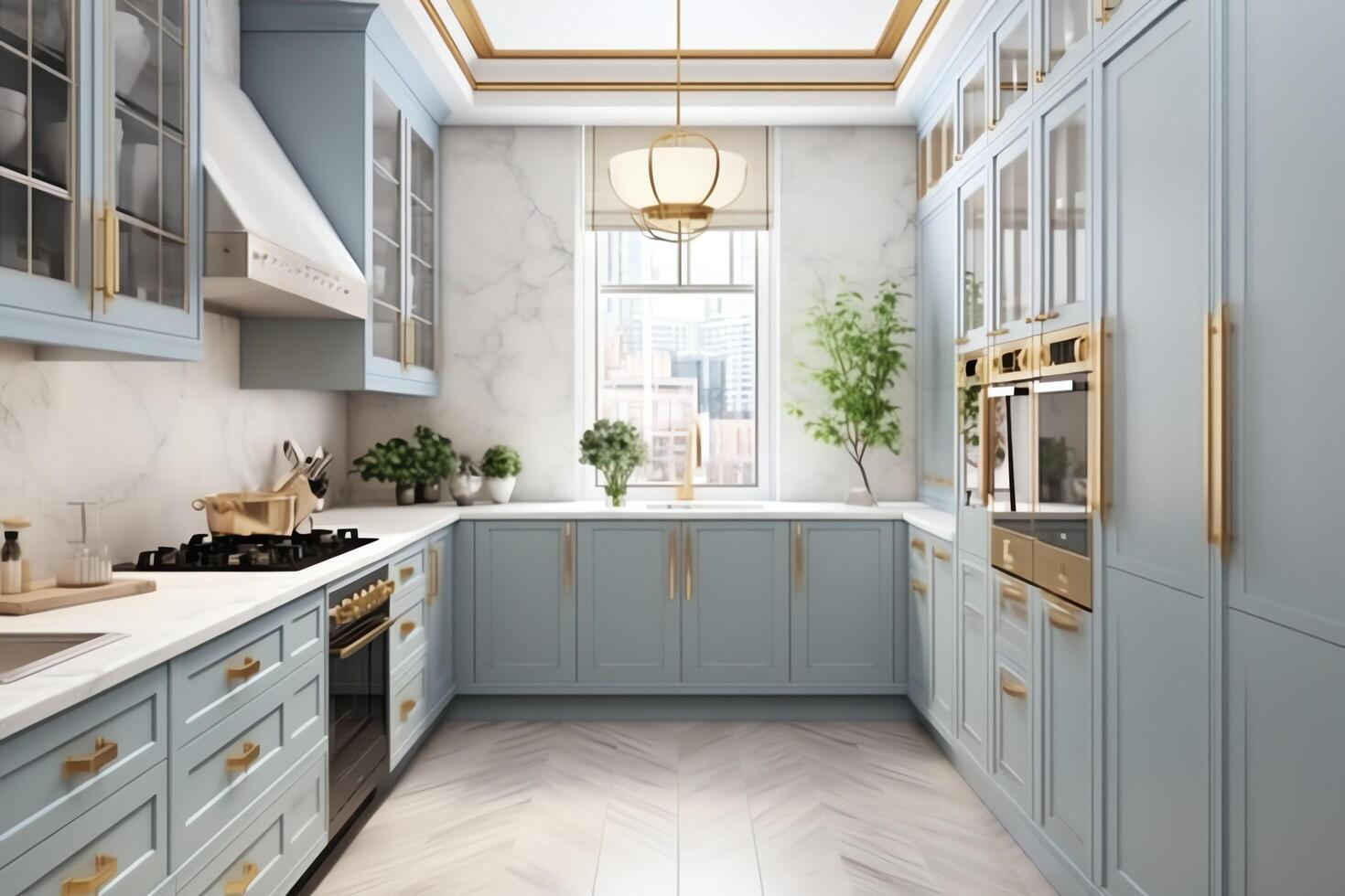 Modern kitchen interior design in apartment or house with furniture. Luxury kitchen home scandinavian concept by photo