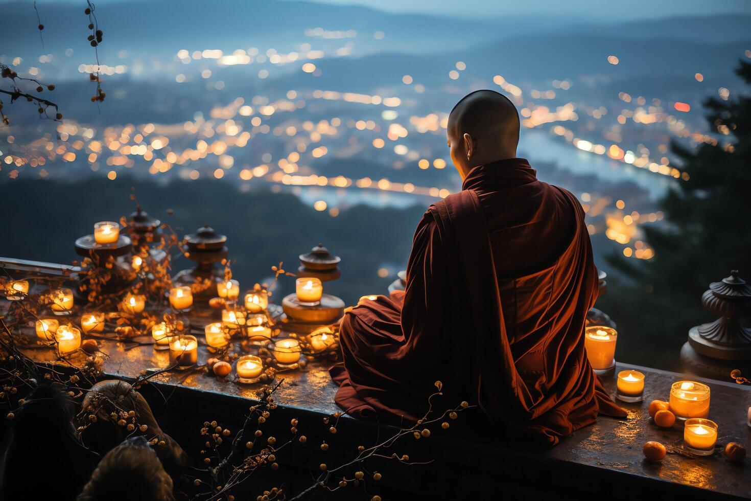 A buddha sits in the mountain with a lotus and candles. Background for vesak celebration. Vesak day concept. Vesak celebration day greetings concept by photo
