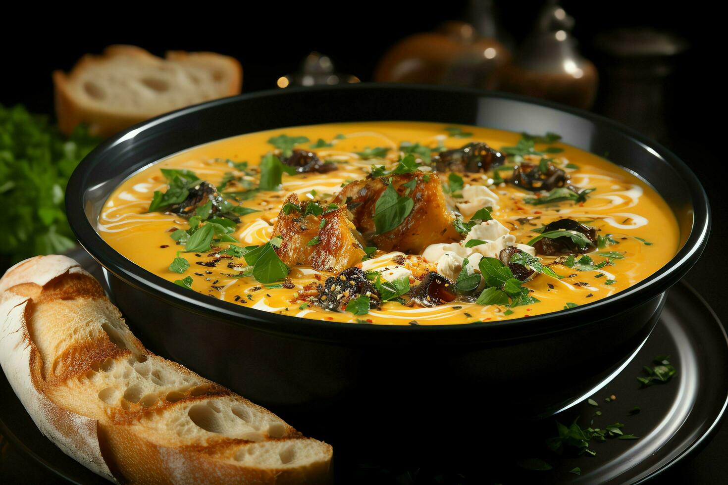 A delicious bouillabaisse soup food in a bowl. Marseille food and healthy protein soup meal concept by AI Generated photo