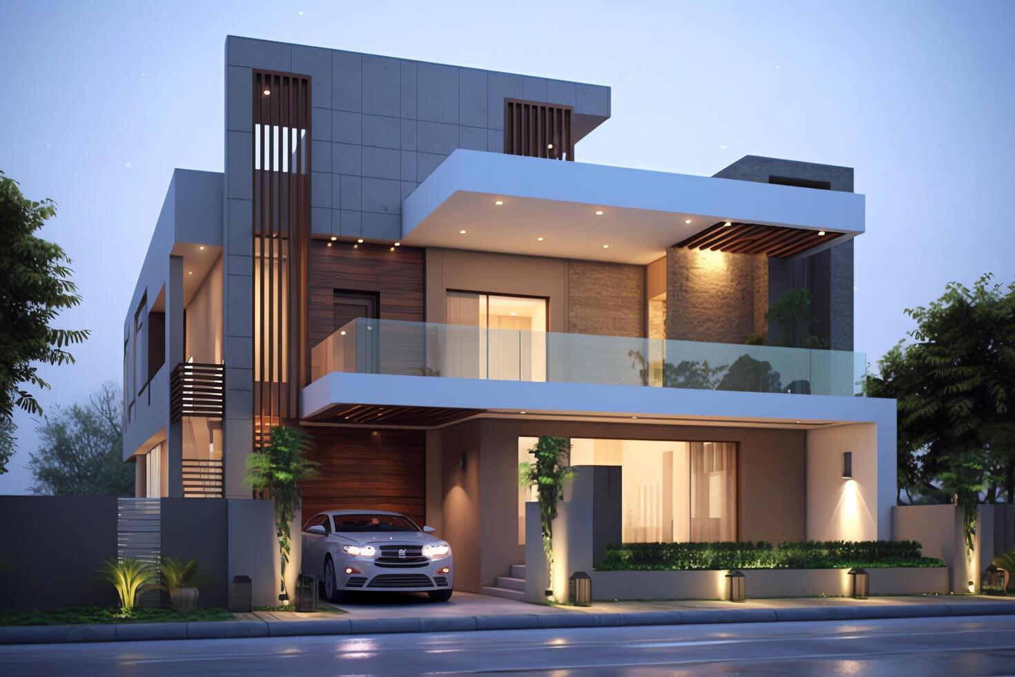 Beautiful modern house exterior with carport. Modern residential district and minimalist building concept by photo