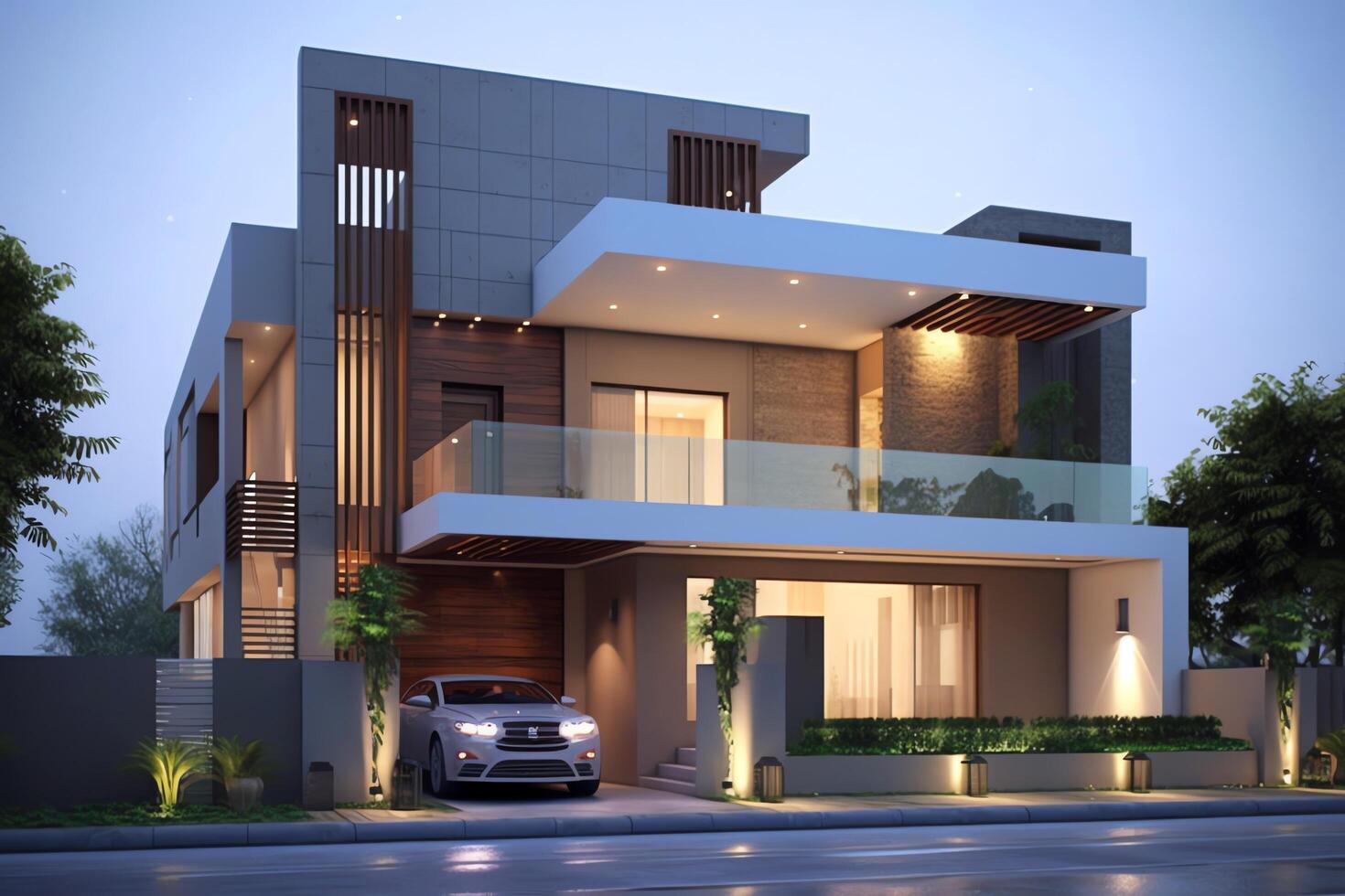 Beautiful modern house exterior with carport. Modern residential district and minimalist building concept by AI Generated photo