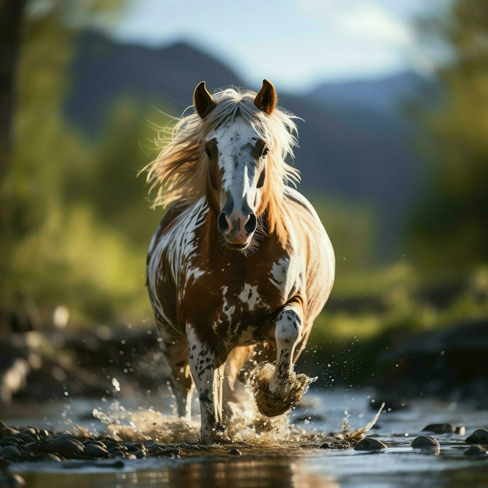 A wild horse running in the creek. Wild or farm animals concept by AI Generated photo