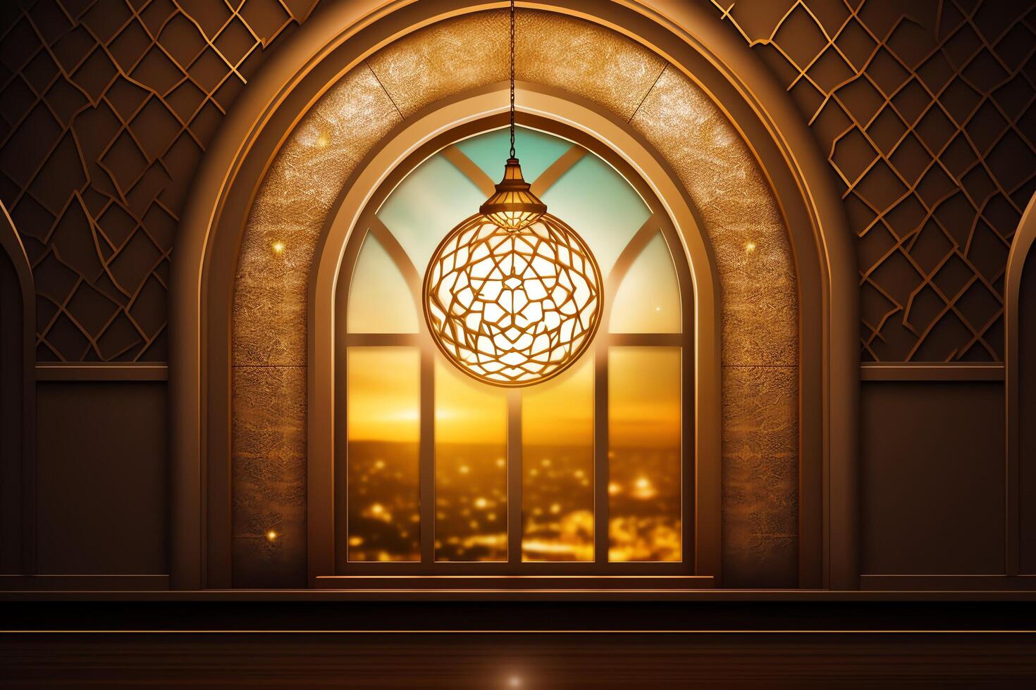 Eid mubarak and ramadan kareem greetings with islamic lantern and mosque. Eid al fitr background. Eid al fitr background of window concept by photo
