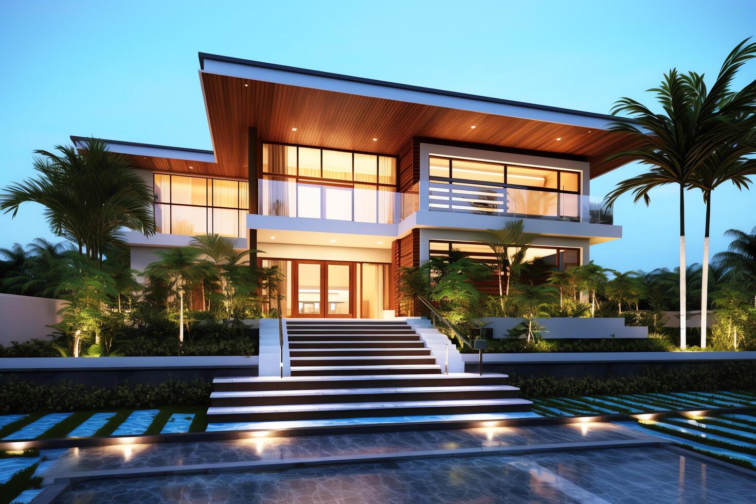 Beautiful modern house exterior with carport. Modern residential district and minimalist building concept by photo