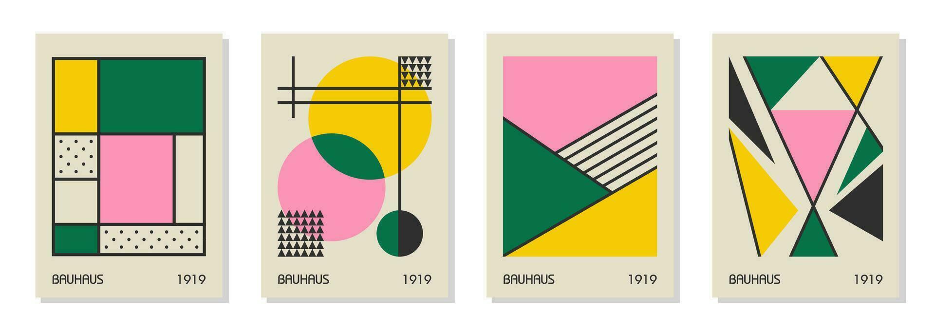 Set of 4 minimal vintage 20s geometric design posters, wall art, template, layout with primitive shapes elements. Bauhaus retro pattern background, vector abstract circle, triangle and square line art