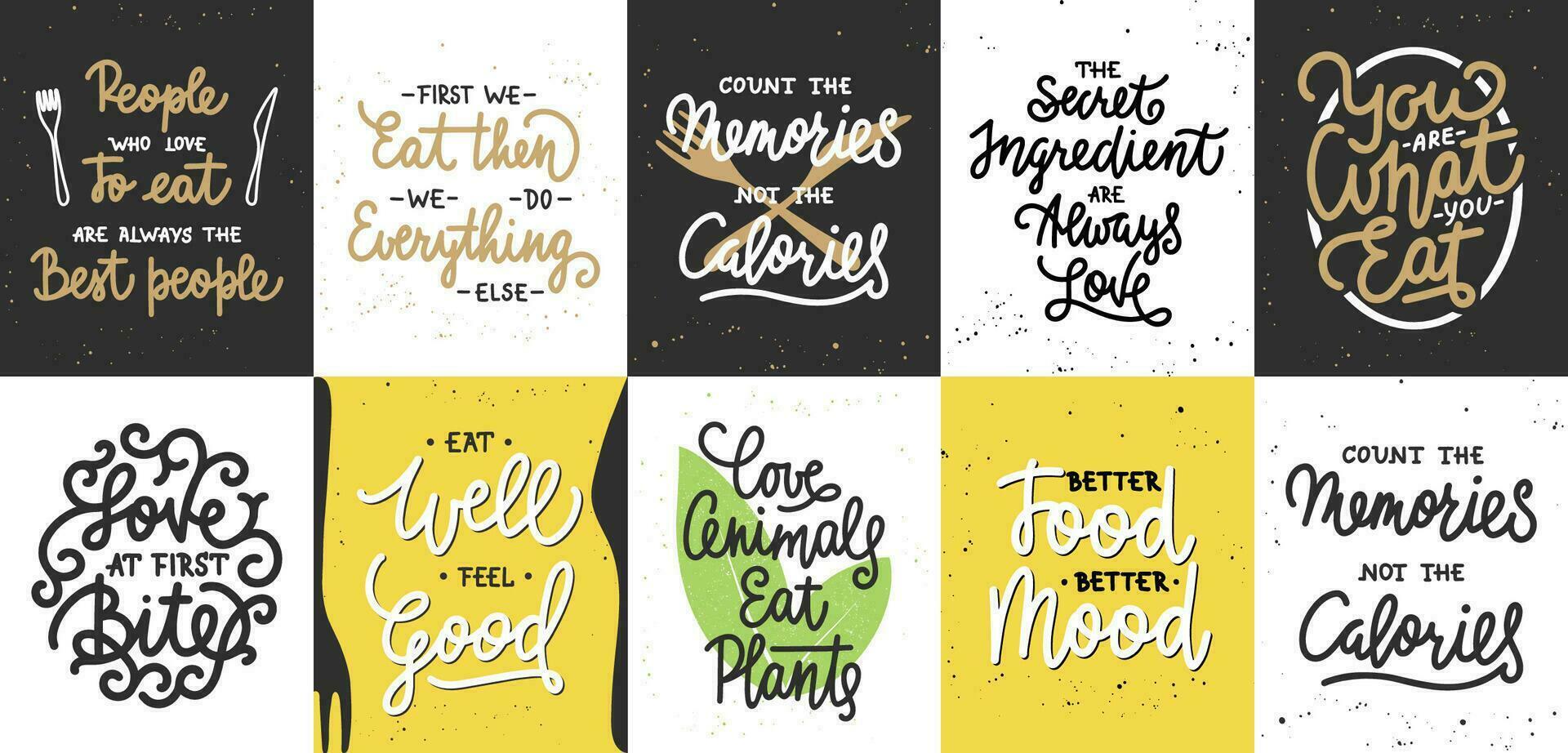 Set of 10 motivational and inspirational healthy lifestyle and eating lettering posters, decoration, prints, t-shirt design. vector