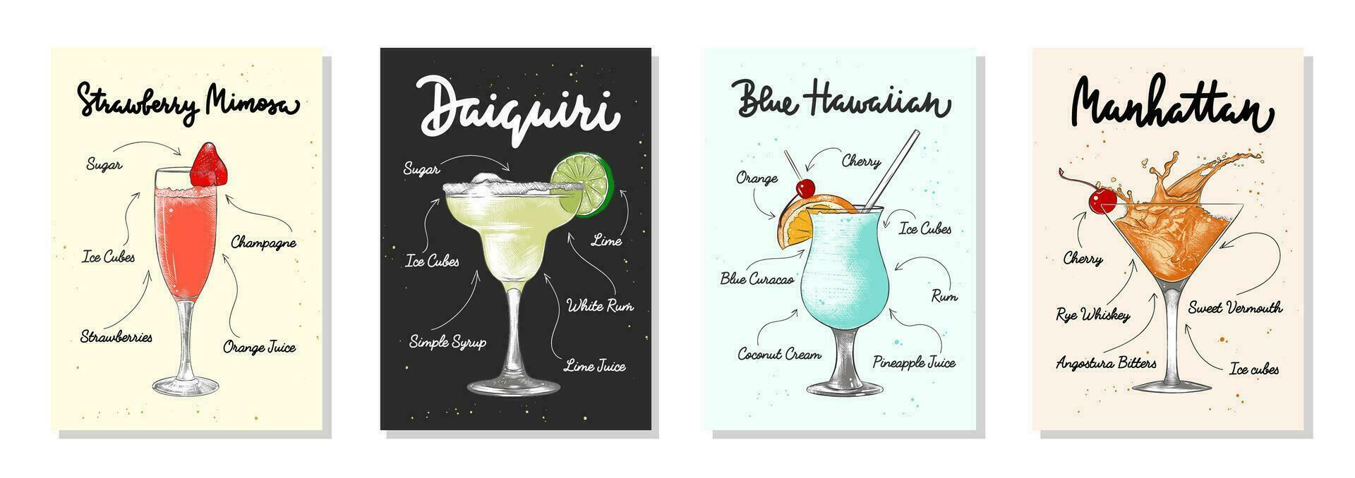 Set of 4 advertising recipe lists with alcoholic drinks, cocktails and beverages lettering posters, wall decoration, prints, menu design. Hand drawn typography with sketches. Handwritten calligraphy. vector