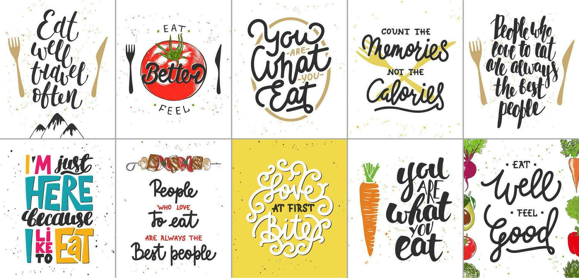 Set of 10 motivational and inspirational food and eating lettering posters, decoration, prints, t-shirt design. vector