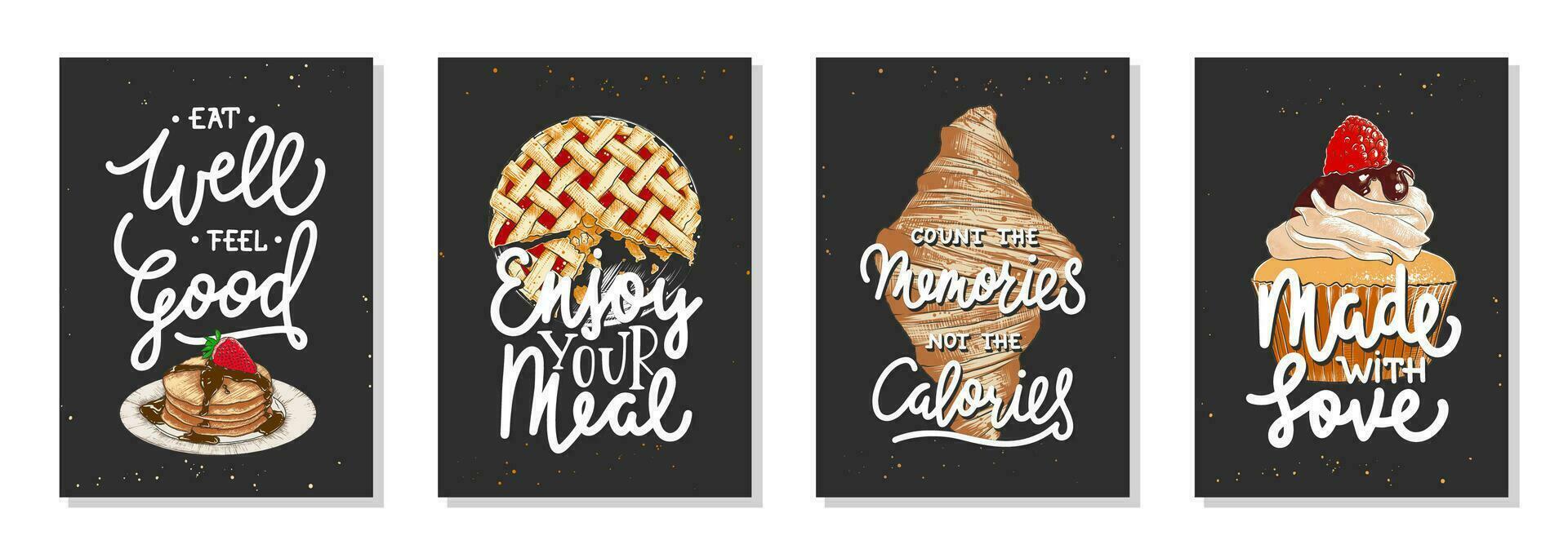 Set of 4 vector bakery posters with hand drawn unique funny lettering design element for kitchen decoration, prints and advertising cafe wall art. Engraved sketch of cupcake, pancakes, pie, croissant.
