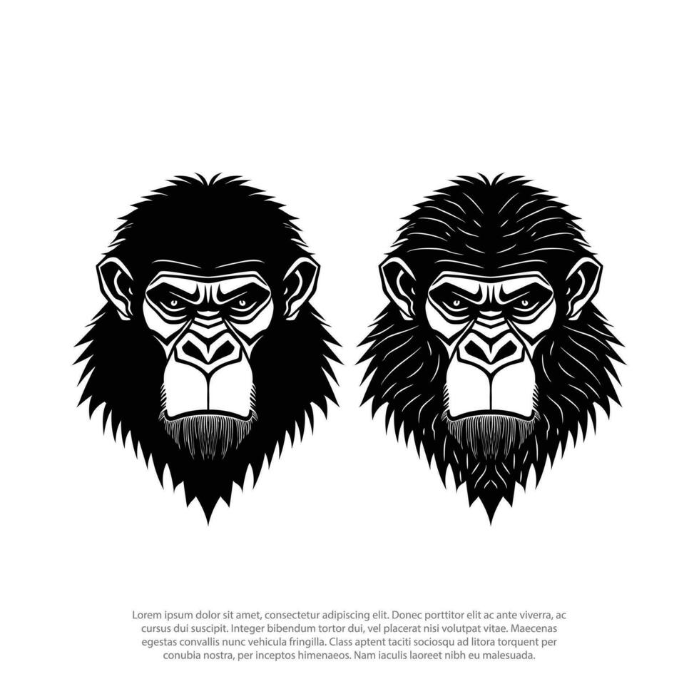 Angry gorilla head, apes head, Monkey vector template logo. Black and white logo isolated. Vector illustration, ferocious.