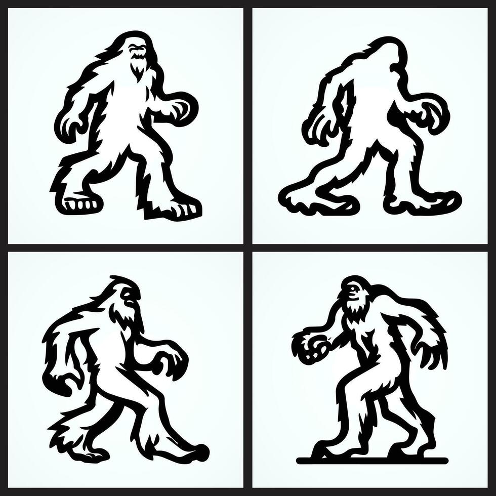 Multipurpose Set Of Outline Bigfoot Silhouette Icons Logo. Black And Isolated On White Background. Bigfoot Tattoos, Stickers. Vector Illustration.