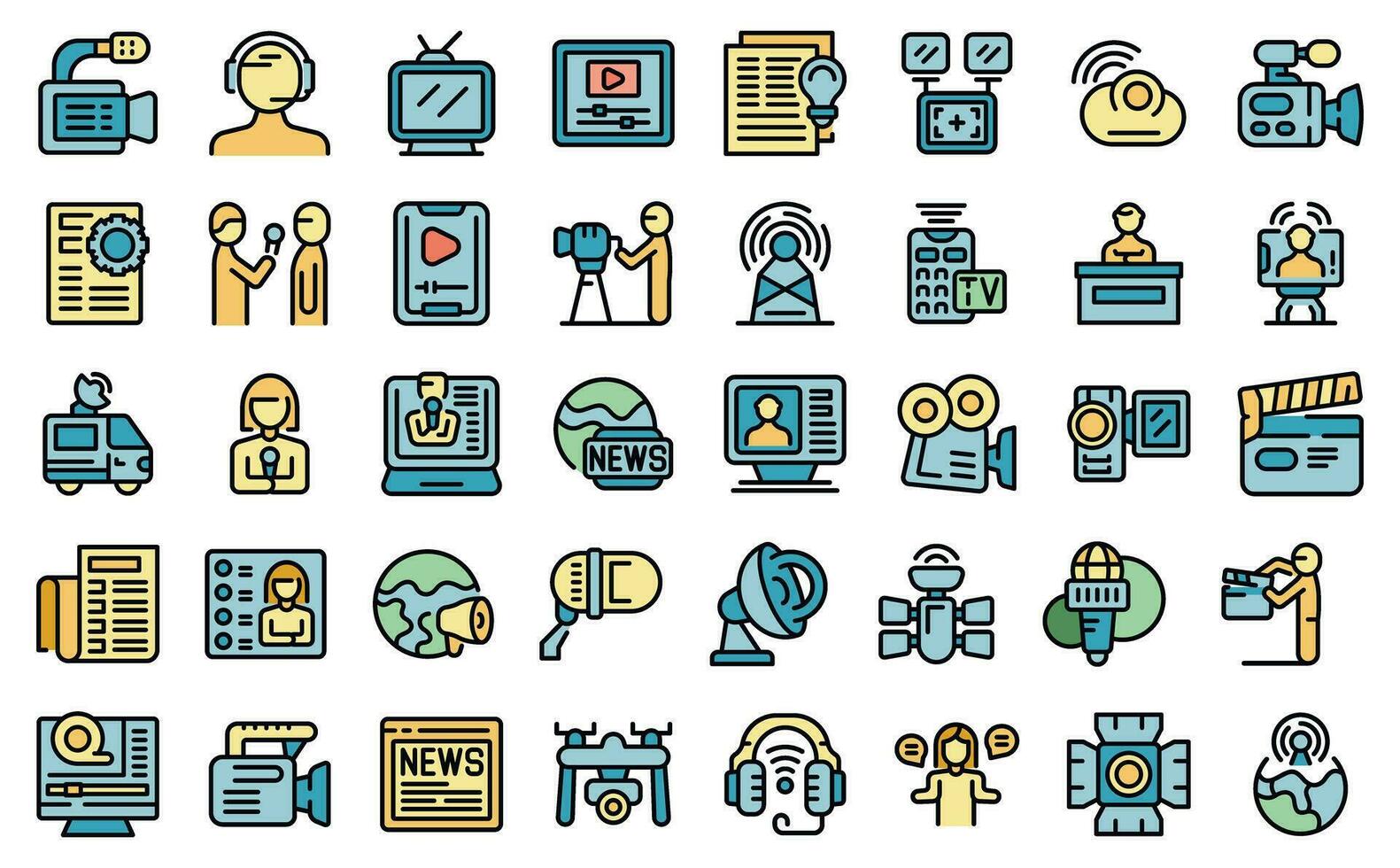 News production team icons set vector flat