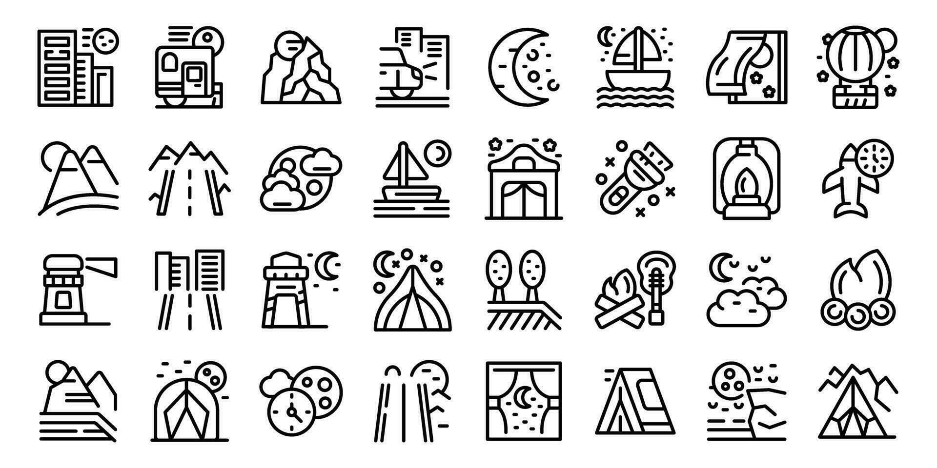 Nighttime adventures icons set outline vector. Night vibes vector