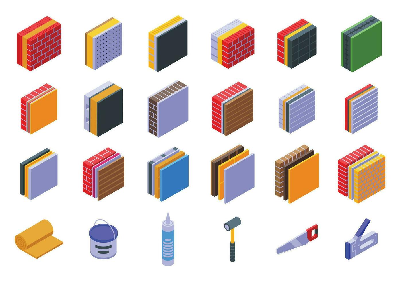 Building insulation icons set isometric vector. Rool wool vector