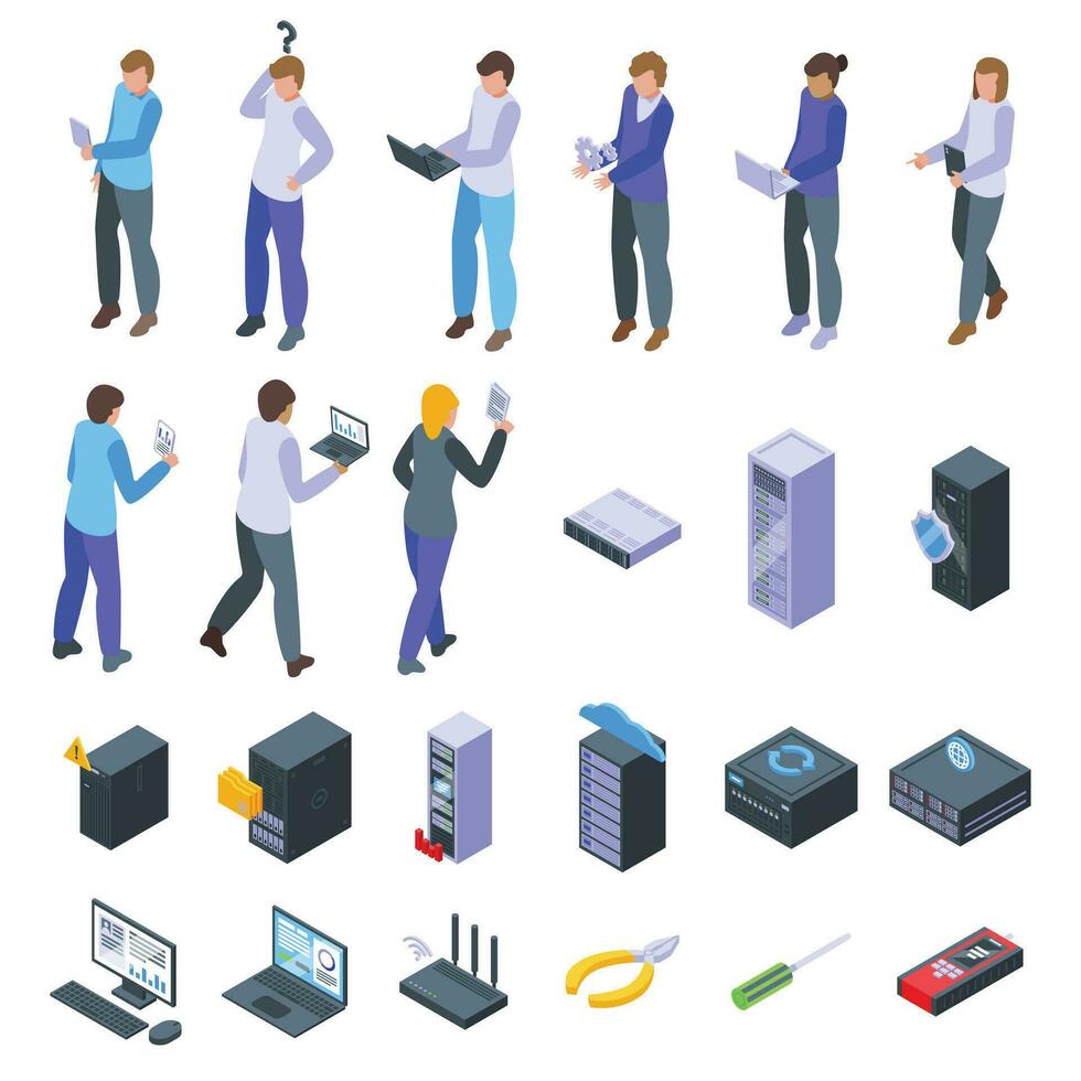 Network administrator icons set isometric vector. Work data vector