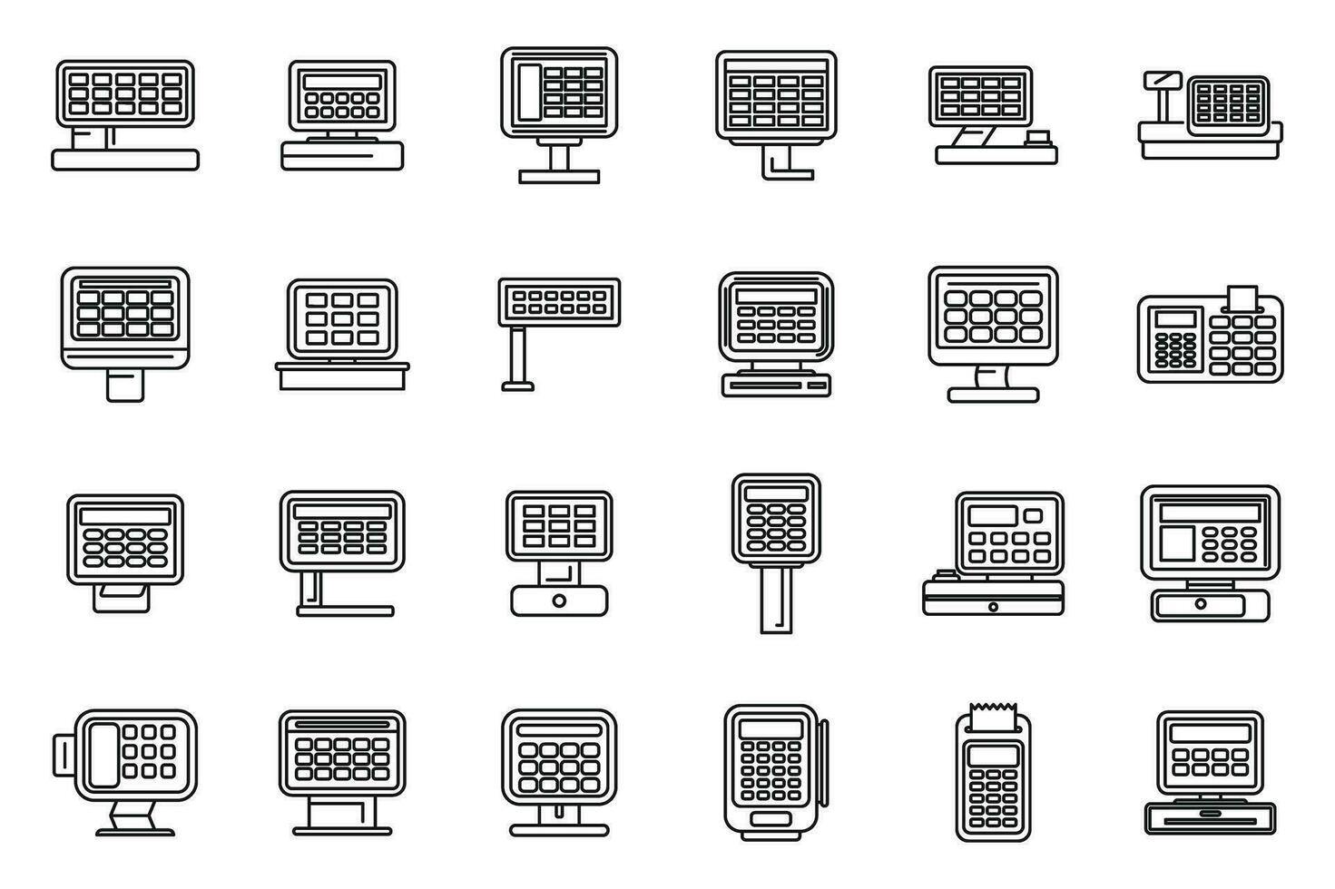 Touchscreen cash register icons set outline vector. Self sale vector