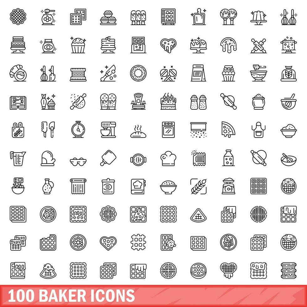 100 baker icons set, outline style vector