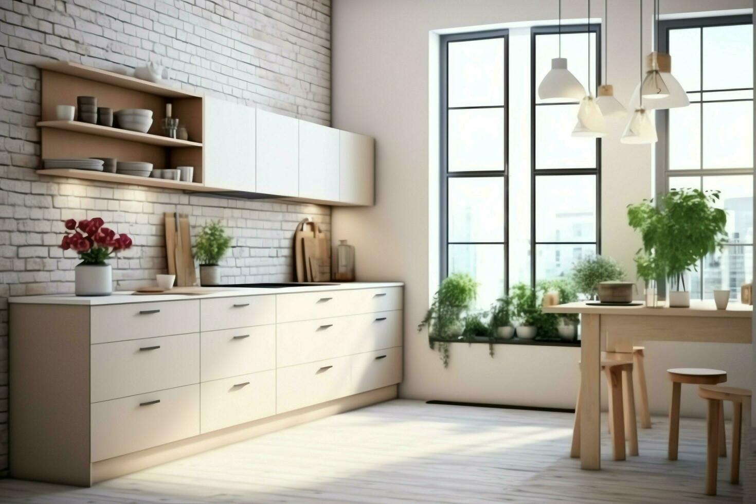 Modern kitchen interior design in apartment or house with furniture. Luxury kitchen home scandinavian concept by AI Generated photo