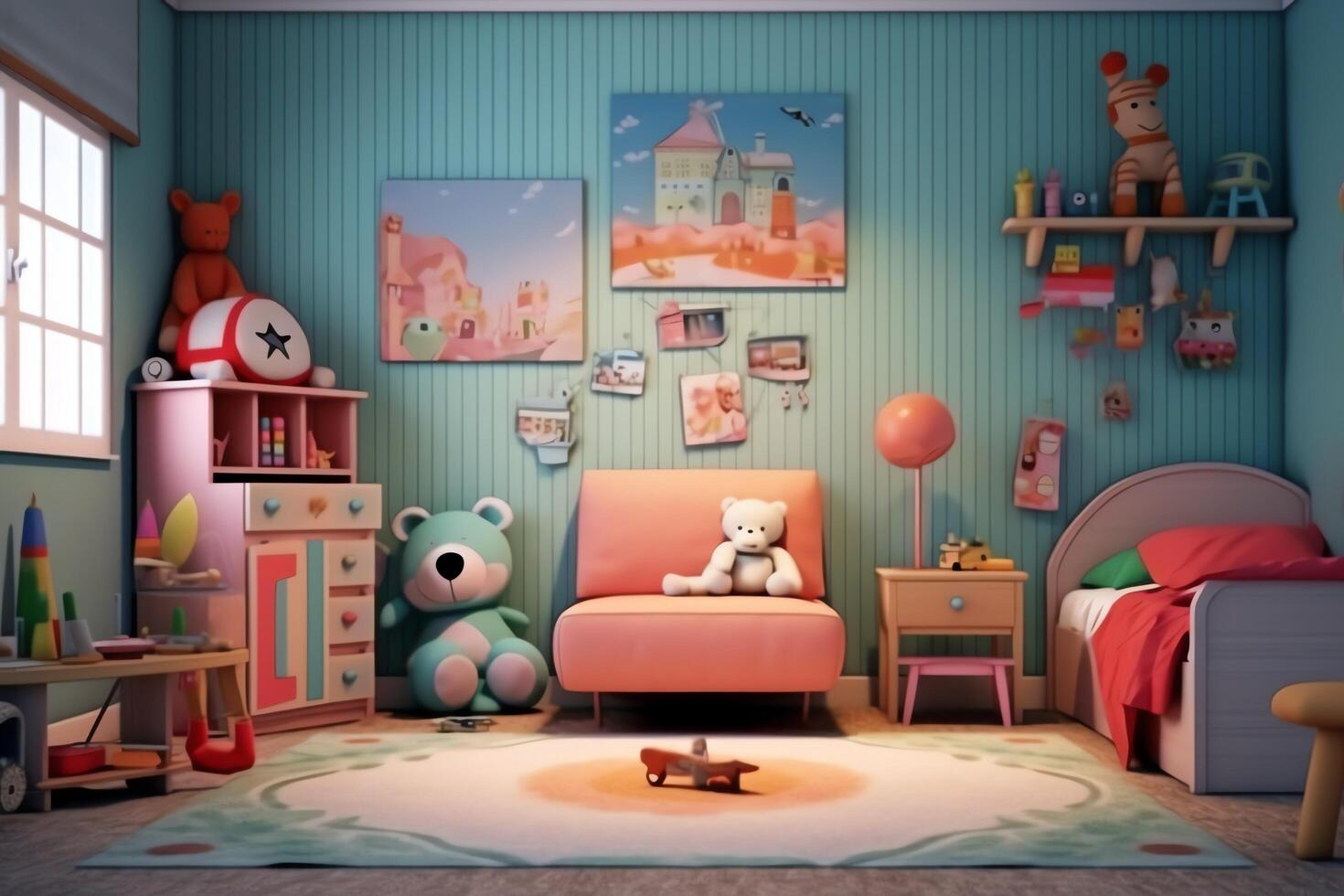 Modern child bedroom interior design in house with decoration children. Colorful children bedroom concept by photo